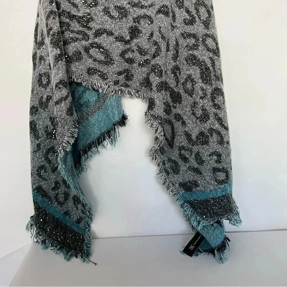 INC International Concepts Leopard Print Sequin Wrap Scarf Gray Black Blue